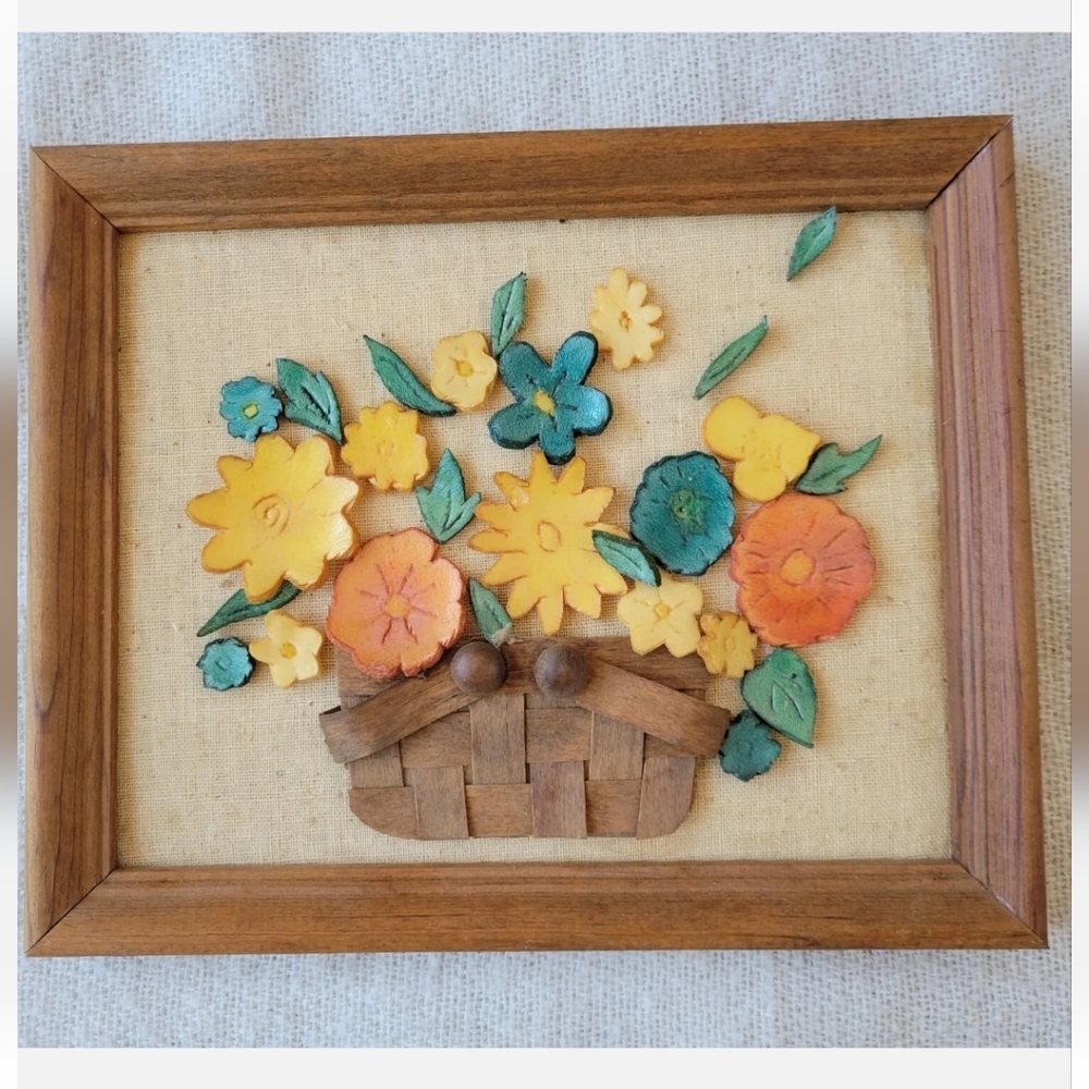 Vintage 60s Handmade 3D Folk Art Frame Painted Foam Mosaic Flower Basket Canvas